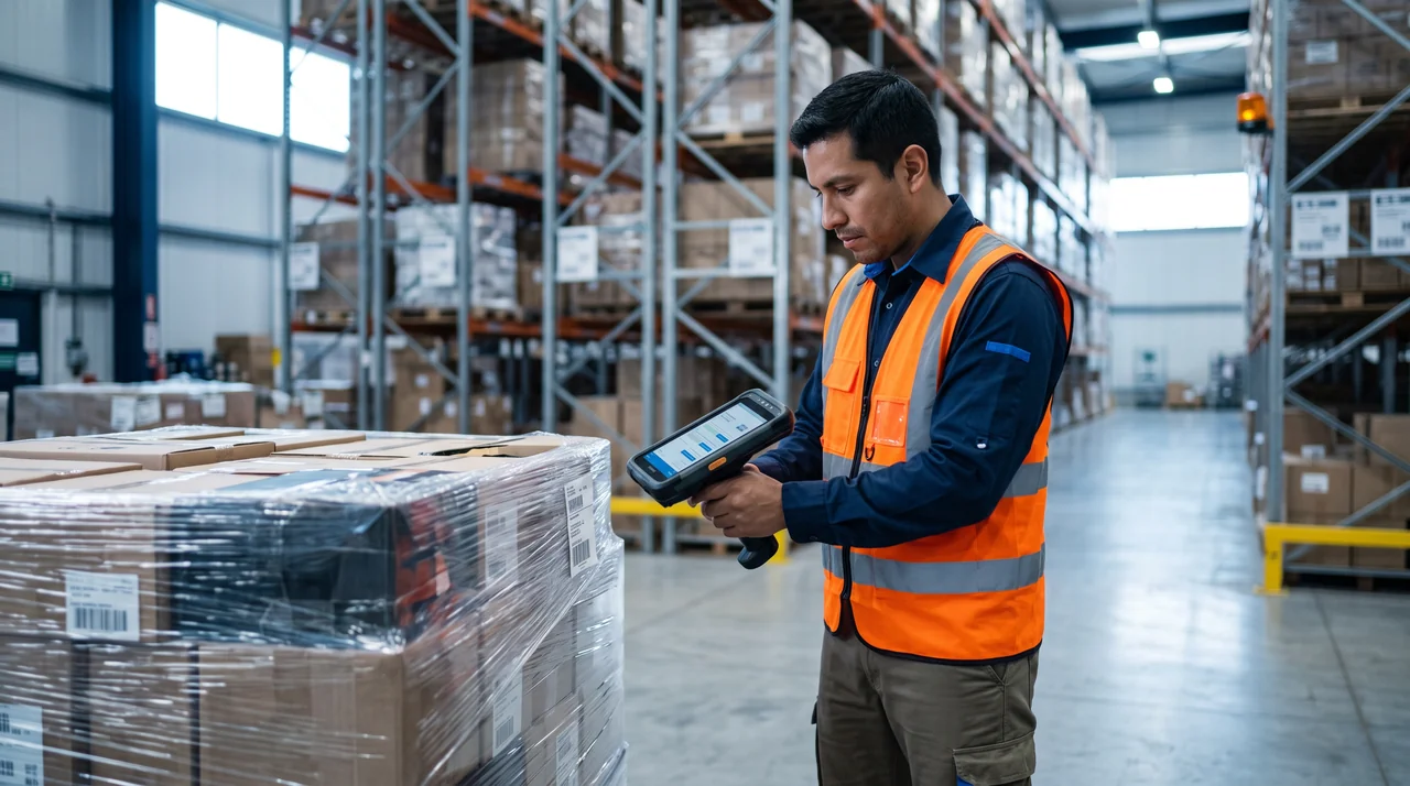 Warehouse operator scanning a pallet with a rugged mobile computer running LogisticaHQ