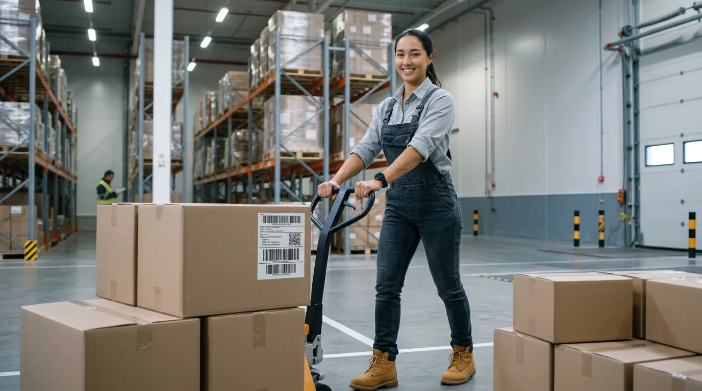 Warehouse worker moving labeled boxes with a pallet jack in a Zebra-equipped distribution center