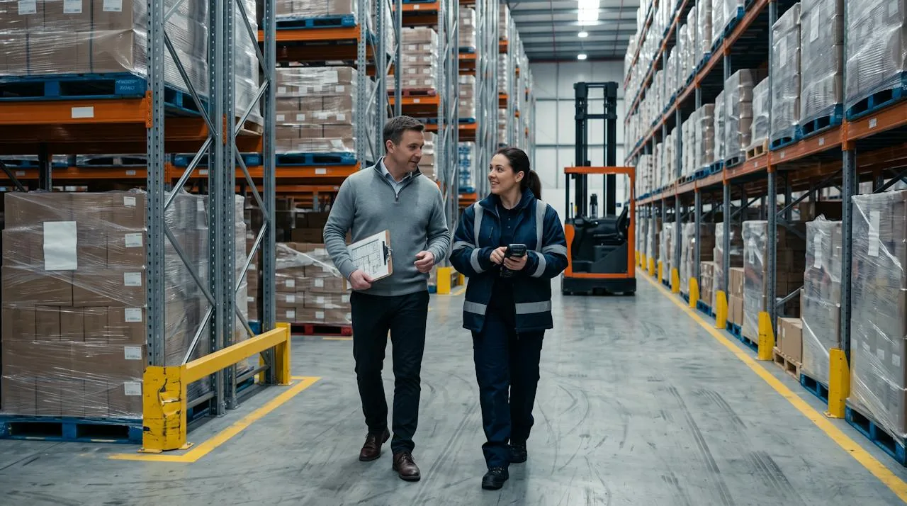 Barrdega logistics consultant reviewing a slotting map with a warehouse supervisor in a high-bay distribution center aisle