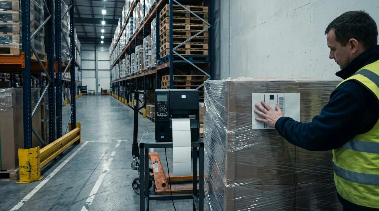 Associate pressing a printed barcode label onto a wrapped pallet beside an industrial label printer inside a warehouse