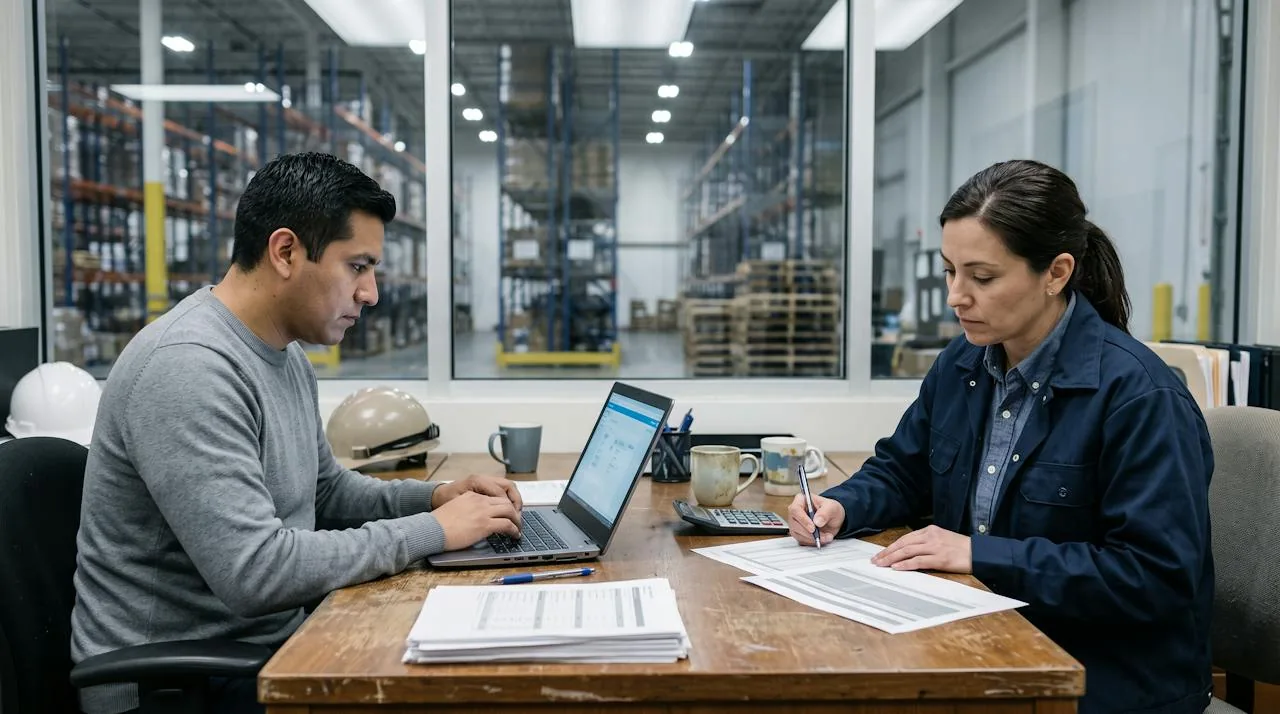 Finance and warehouse operations colleagues reconciling inventory figures with the warehouse floor behind them