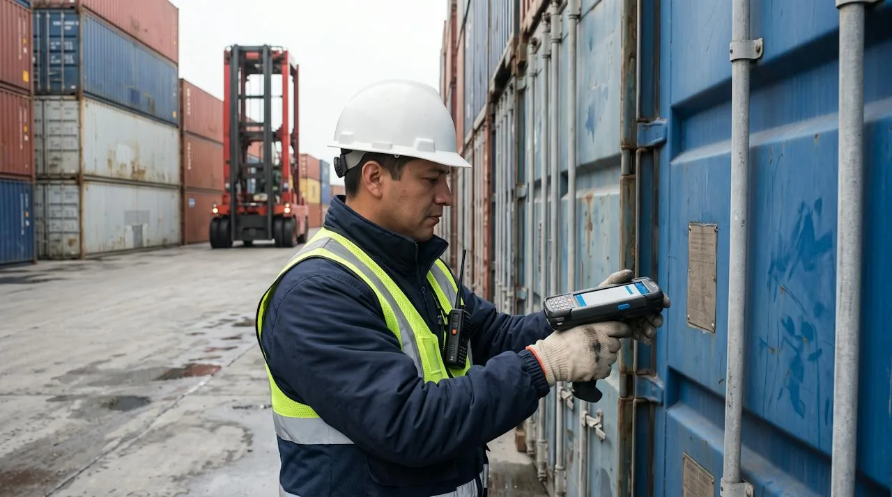 Field worker scanning a shipping container with a rugged handheld mobile computer at a container terminal