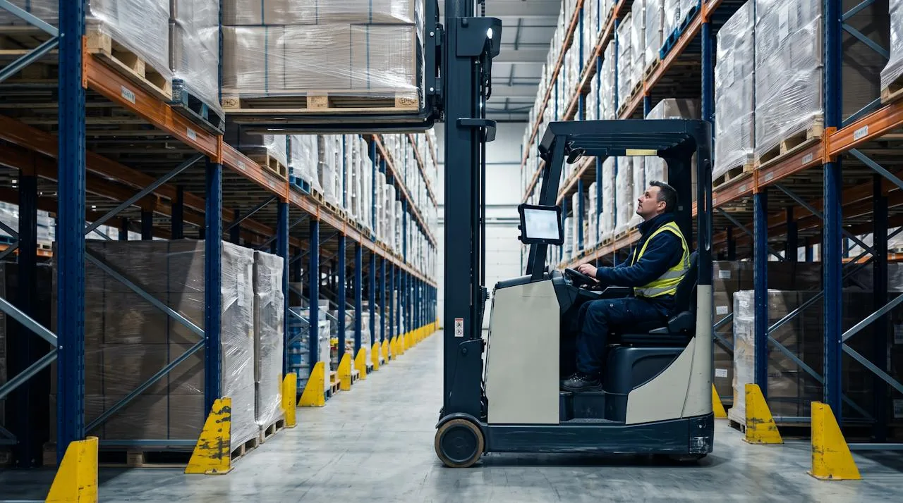 Reach truck operator with a vehicle-mounted tablet raising a pallet in a tall distribution center aisle