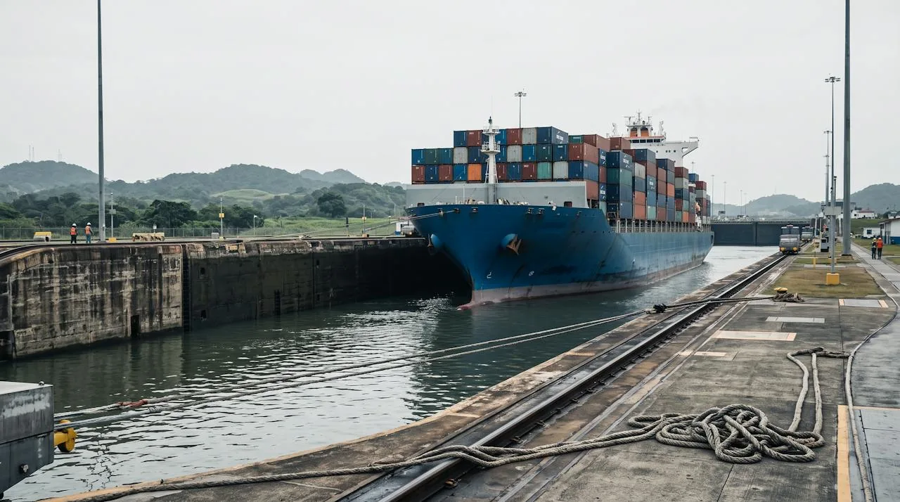 Container ship passing through the Miraflores Locks of the Panama Canal