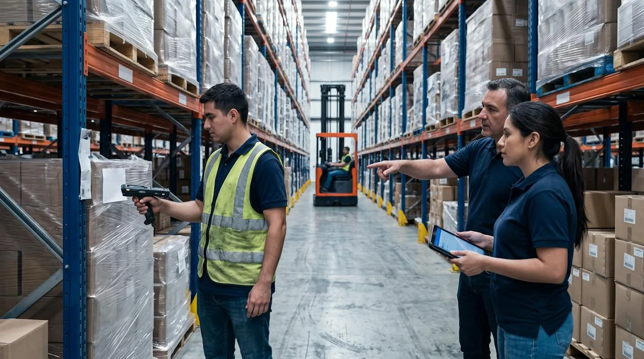 Logistics trainee scanning a pallet label while a supervisor guides the team in a high-bay distribution center aisle