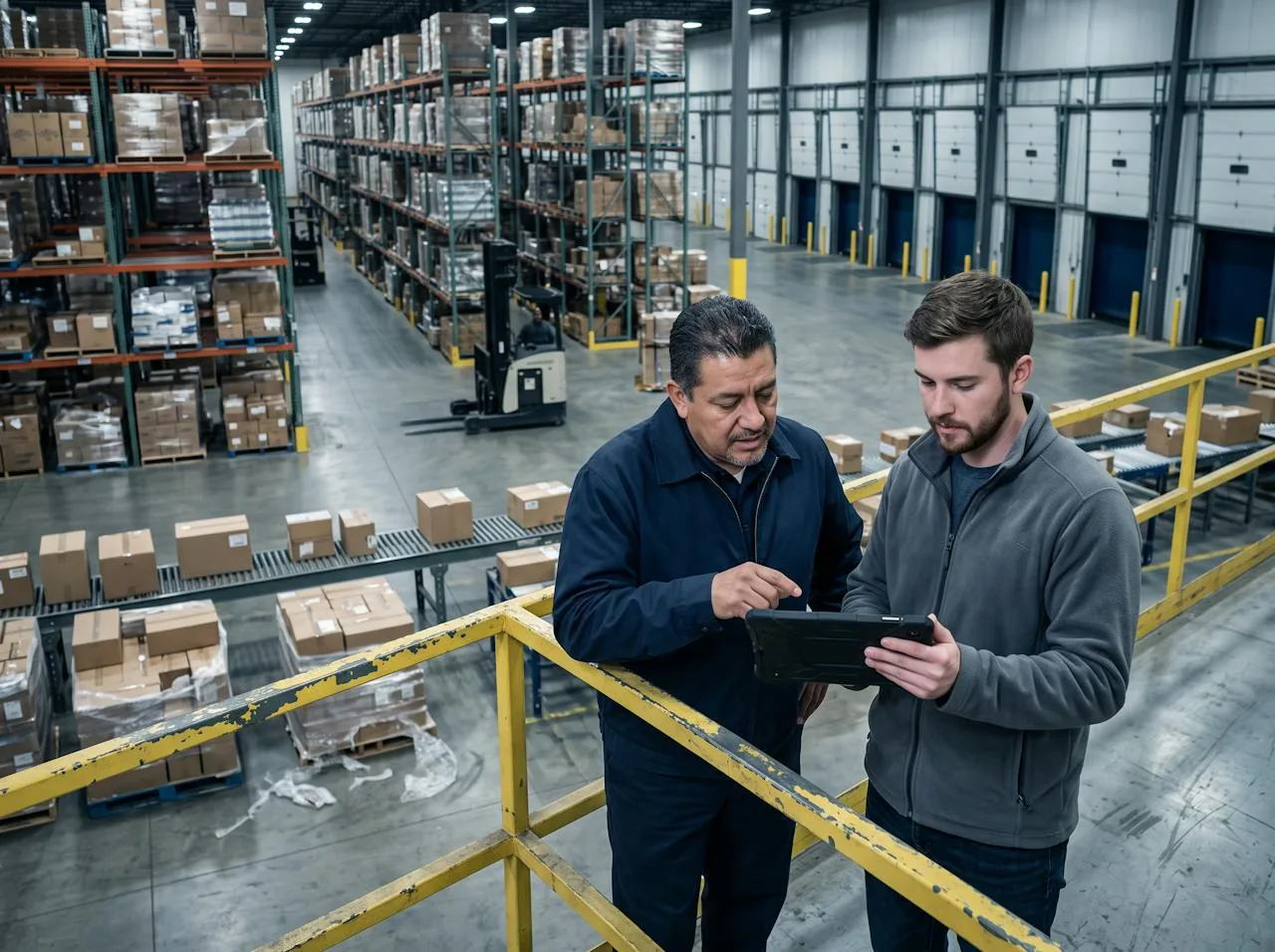 Barrdega consultant and operations manager reviewing a deployment plan on a mezzanine above a large distribution center