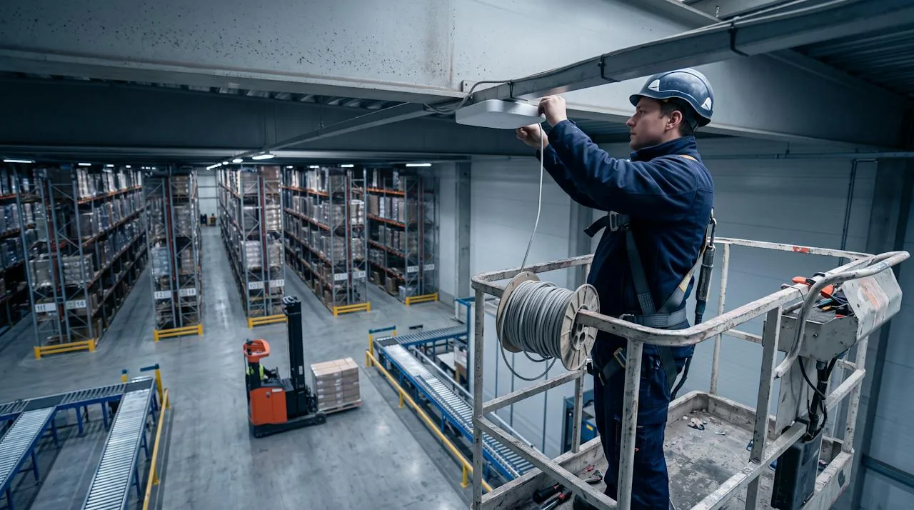 Technician mounting a Wi-Fi access point on the roof steel of a large distribution center