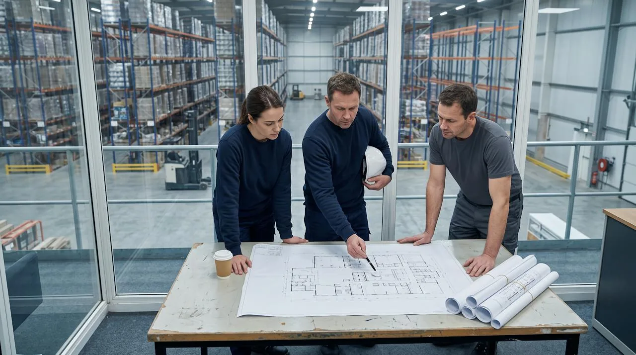 Planning session over a warehouse floor plan in a glass office above a large distribution center