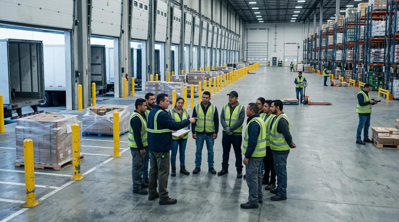 Supervisor briefing a shift team on the loading apron of a large distribution center