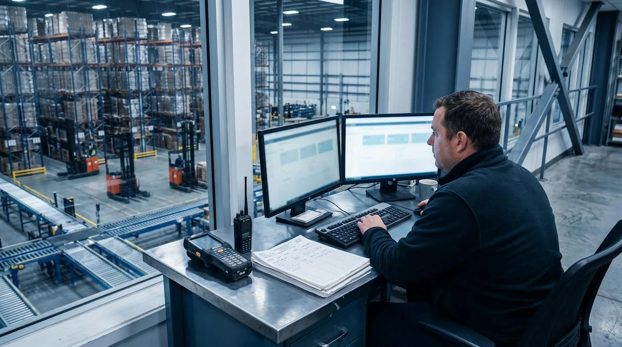 Operations supervisor at a control desk overlooking a distribution center floor