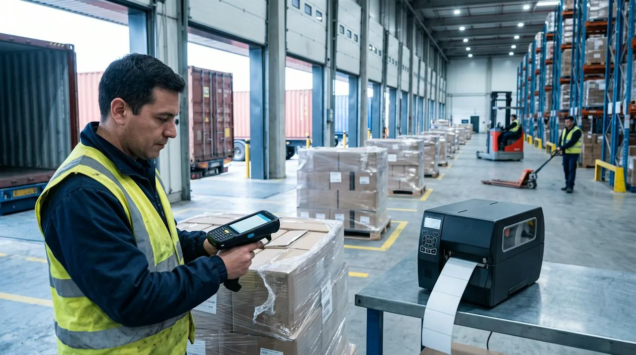 Warehouse associate scanning an inbound pallet with a rugged Zebra-style mobile computer beside an industrial label printer at a distribution center receiving dock
